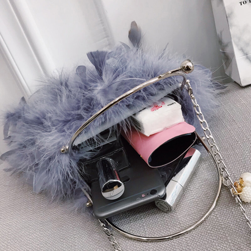 Zimowe strusie pióra torby klapowe damskie Casual Clutch torba Tote na imprezę torebka w stylu koreańskim łańcuchy torby na ramię Crossbody luksusowe torebki