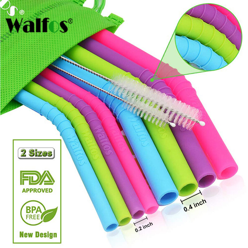 Walfos-palhinhas de silicone reutilizáveis extra longas, flexíveis, acessórios bar, conjunto de 5 peças