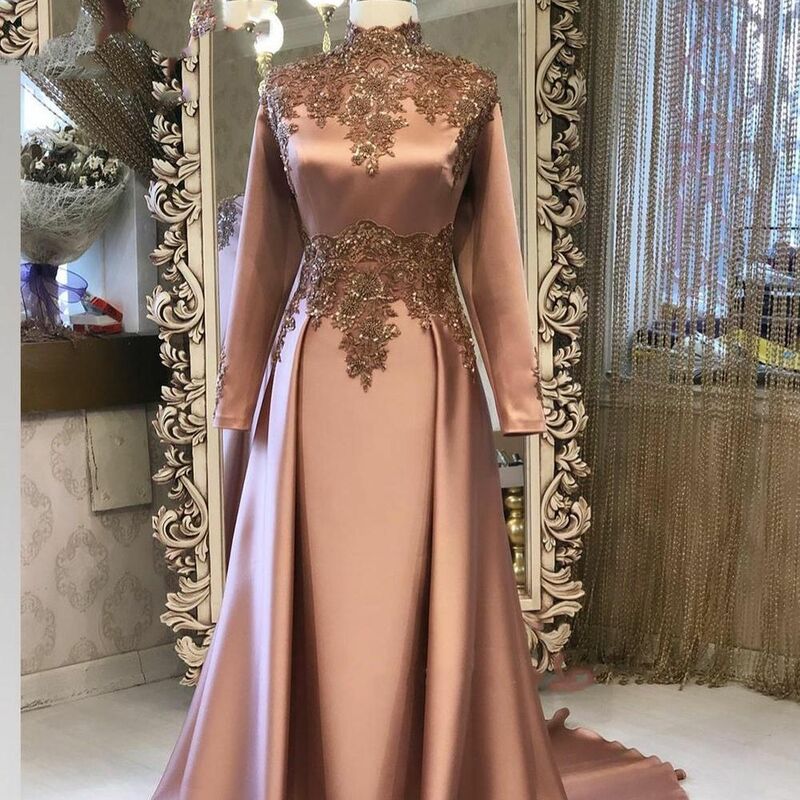 Elegante marrone Dubai arabo musulmano maniche lunghe abiti da sera Appliques di pizzo con perline abiti da ballo formali abiti da festa robes de soirée