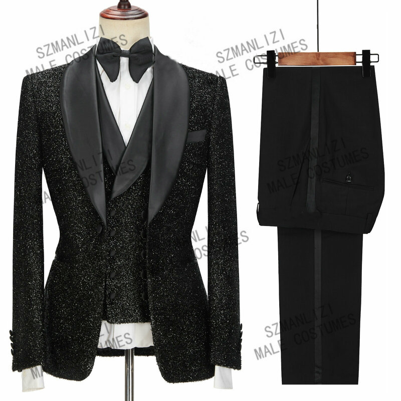 Nieuwste Jas Broek Ontwerpen Fashion Shiny Black Mannen Pakken Voor Bruiloft Bruidegom Smoking Slim Fit Terno Masculino Prom Party 3 stukken