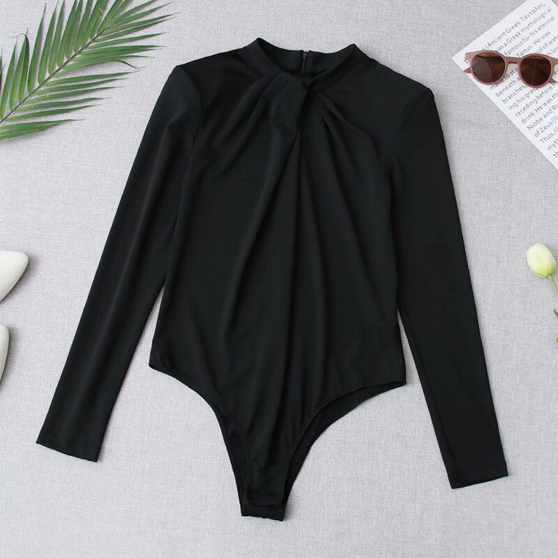 Casual Women Half High Collar Solid Color Bodysuit New Summer Fashion Ladies Beach Style Sexy Bodysuit Female Knotted Bodysuit