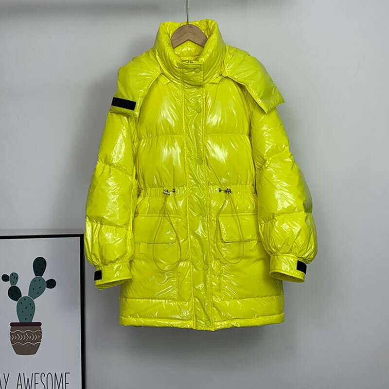 女性の冬のコート,パーカー,韓国の長さ,光沢のある引きひも,大きいサイズ,ルーズ,防寒着,2023