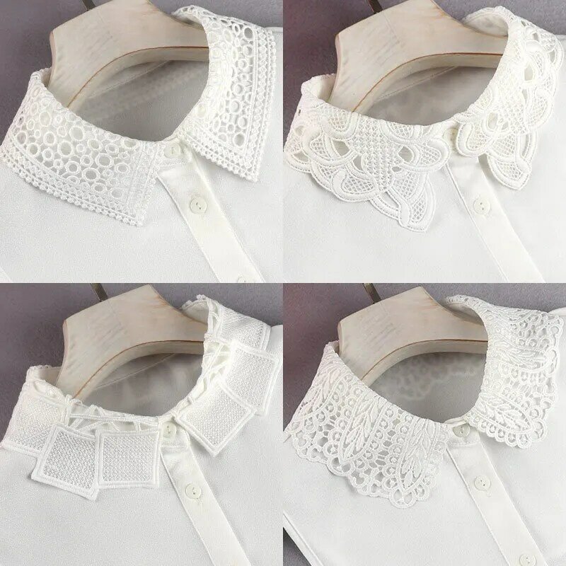 Camisa ahuecada de cuello falso para mujer, suéter de cuello desmontable, vestido de decoración, color blanco sólido, 2023