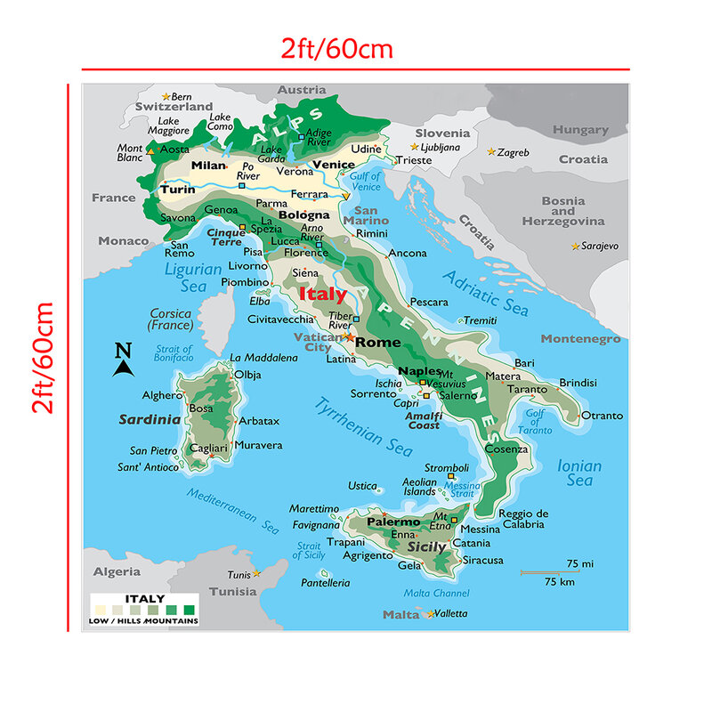 60*60 سنتيمتر إيطاليا التضاريس خريطة الحديثة حائط لوح رسم ملصق فني الفصول الدراسية ديكور المنزل الأطفال اللوازم المدرسية
