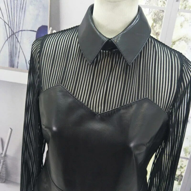 Camisa de couro legítimo 100%, blusa de manga longa com renda em patchwork, para escritório feminino, slim, preta de pele de carneiro, camisa curta de primavera