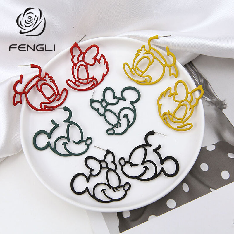 FENGLI Colorful Mickey Stud Earrings for Women Donald Duck Cute Red Earring Lady Mouse Jewelry Birthday Friend Best Gift