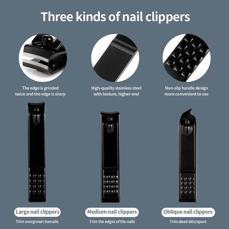 Set tagliaunghie nero forbici per unghie Manicure in acciaio inossidabile Kit Pedicure tronchesi strumento per la cura del rifinitore con Kit custodia da viaggio
