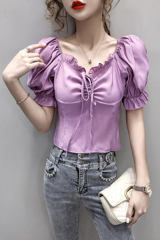 COIGARSAM French Style blouse women New Summer Square Collar blusas womens tops and blouses Orange White Purple 6883A