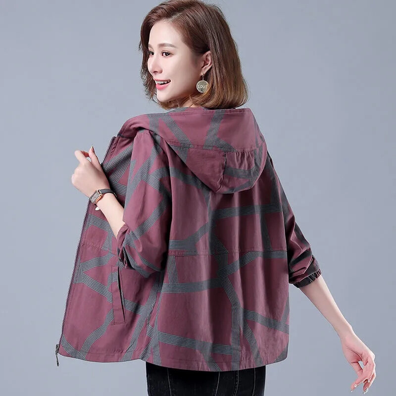 Veste de doublure à la mode pour femmes d'âge moyen et âgées, manteau imprimé coréen ample à capuche pour mère, 541