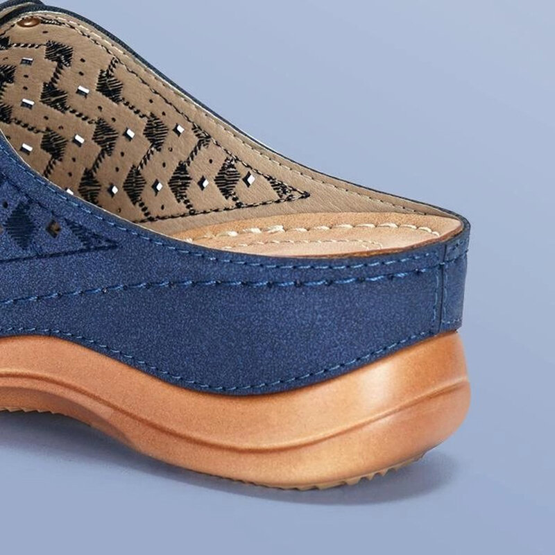 Calçado feminino couro sintético ortopédico, sandália confortável plataforma baixa macio correção de pisada