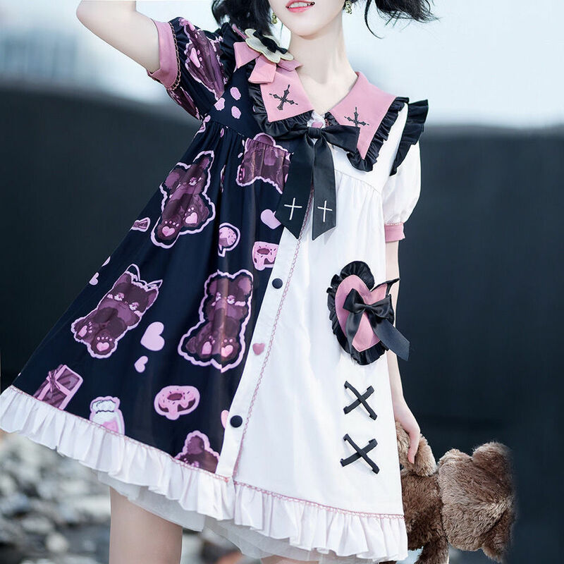 Urso de morango feminino Lolita vestido gótico de manga curta, costura assimétrica, cosplay feminino, demônio anjo do Dia das Bruxas, kawaii