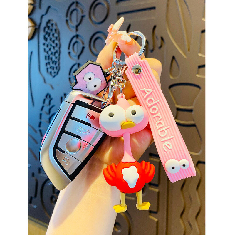 PVC Popping Eyed Animal Metal Keychain Ostrich Grey Pink Pendant Cute Bag Car Keyring Jewelry Lanyard Men Women Couple Gift
