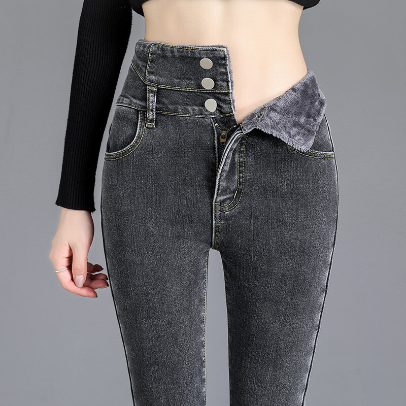 Jeans Ketat Hangat Pinggang Tinggi Bulu Tebal Musim Dingin Kualitas Tinggi Celana Pensil Kancing Melar Wanita Tebal Jeans Beludru Kasual Ibu