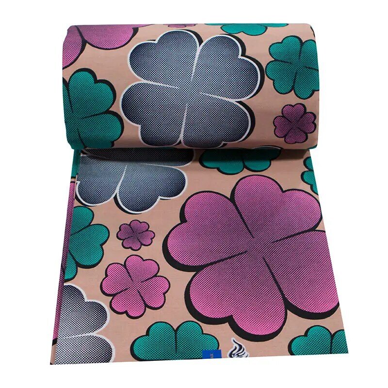 New African Fabric Pure Cotton Pink And Green Four-Leaf Clover Print Fabric For Women Dress Wax
