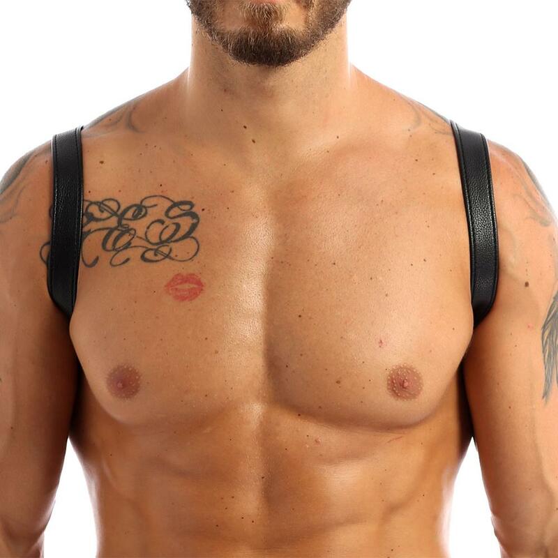 IEFiEL-lencería Sexy de piel sintética para hombre, arnés ajustable para el pecho, Bondage, disfraz Gay con botones de presión