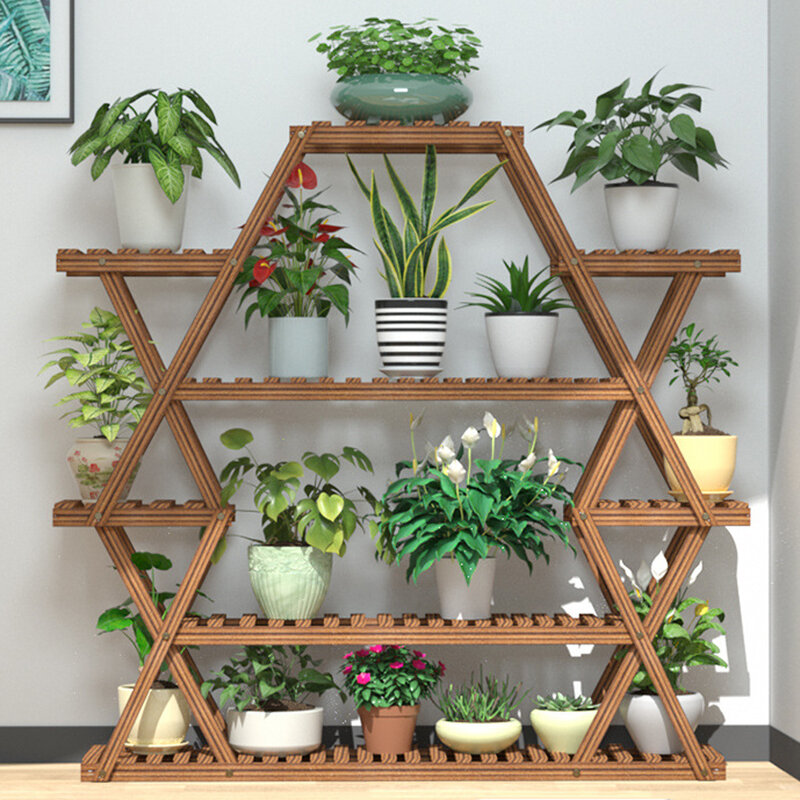 Grandi scaffali triangolari per piante in legno da interno a 6 livelli con supporto per vasi da fiori