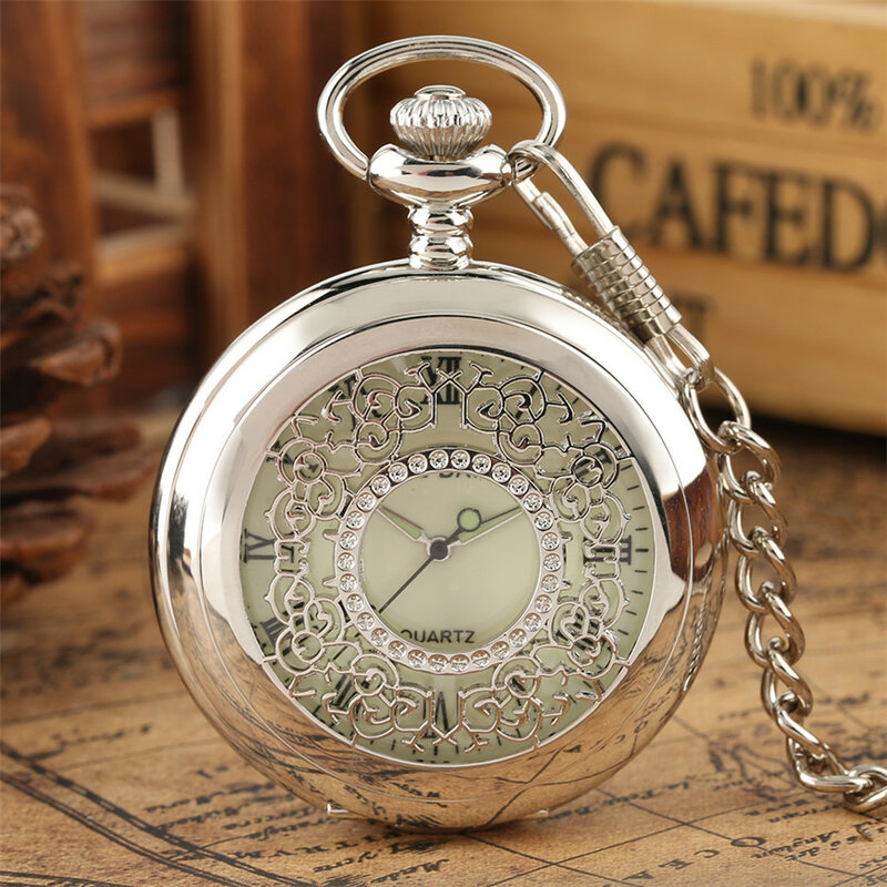 Reloj de bolsillo de cuarzo para hombre y mujer, esfera luminosa con números romanos, colgante antiguo hueco de plata, regalos