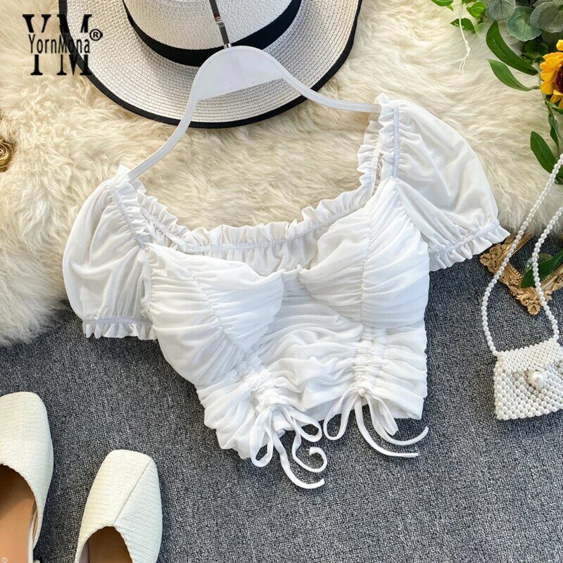 YornMona Ins Fashion Stylish Sexy Slim Crop Top Women Summer White Black Ruched Drawstring Shirt Female Chic Stretchy Blouses
