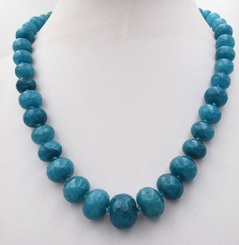 New 10-18mm Brazilian Aquamarine Faceted Gem Roundel Beads Necklace 18”