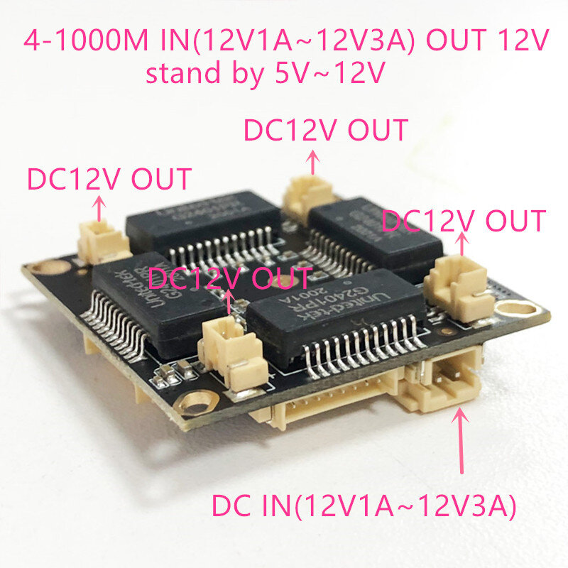 10/100/1000M 4 พอร์ตสวิตช์ Gigabit Ethernet PCBA สำหรับ Embedded แบบบูรณาการโมดูล DC 5V 12V1A-3A DC OUT VLAN ผ่าน current