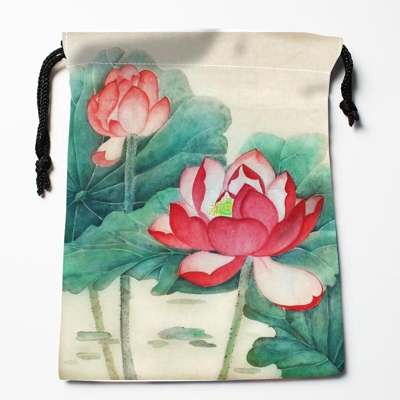 Lotus Fower-Bolso de tela personalizado para mujer, bolsa pequeña de viaje con cordón, regalo de Navidad, 18x22cm, W-0616