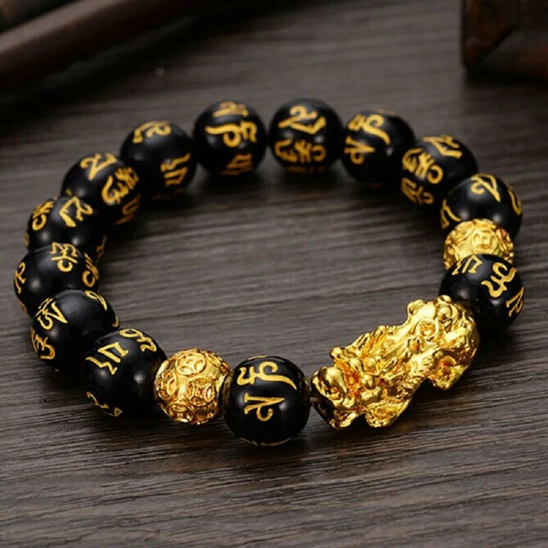 Bracelet de perles de pierre d'obsidienne Feng Shui pour hommes et femmes, bracelet unisexe, bracelet Pixiu noir doré, richesse et bonne chance