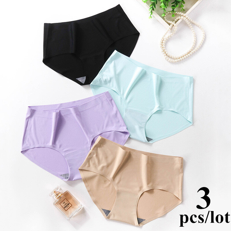 3Pcs ชุดชั้นในสตรี Seamless Ice Silk Panties กางเกงชั้นในสำหรับสตรีผิวชุดชั้นในหญิงชุดชั้นในเลดี้กางเกงยีนส์ Underpant