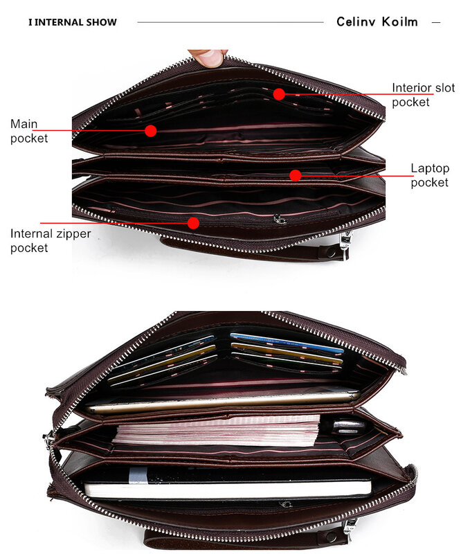 Celinv Koilm Luxury Brand Men's Handbag Day Clutches Bags For Phone High Quality Spilt Leather Wallet Hand bag Large Capacity
