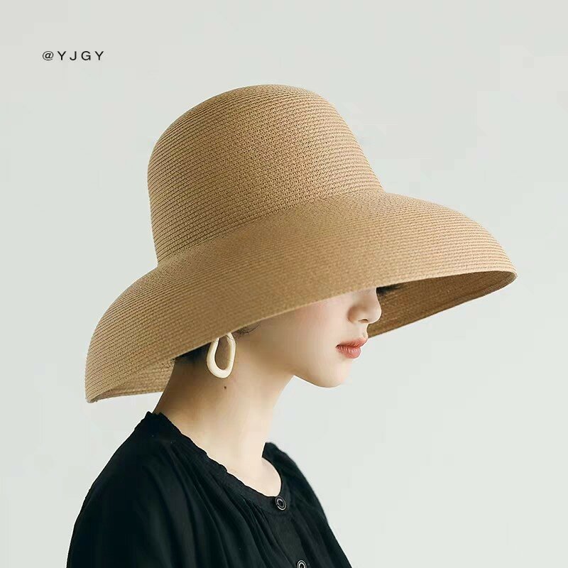 قبعة كبيرة مستديرة من القش للنساء ، قبعة سفر ذات حافة كبيرة ، قبعة شاطئ ، a6206