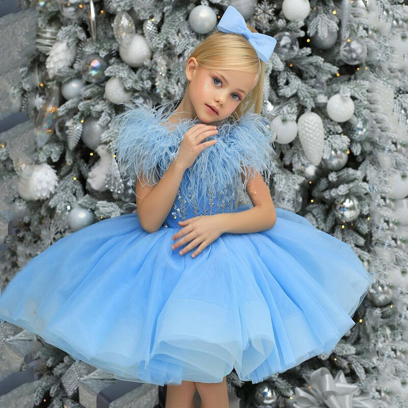 Gaun Anak Perempuan Bunga Biru Langit Gaun Pesta Anak-anak Manik-manik Bulu Gaun Kontes Gaun Bola untuk Natal