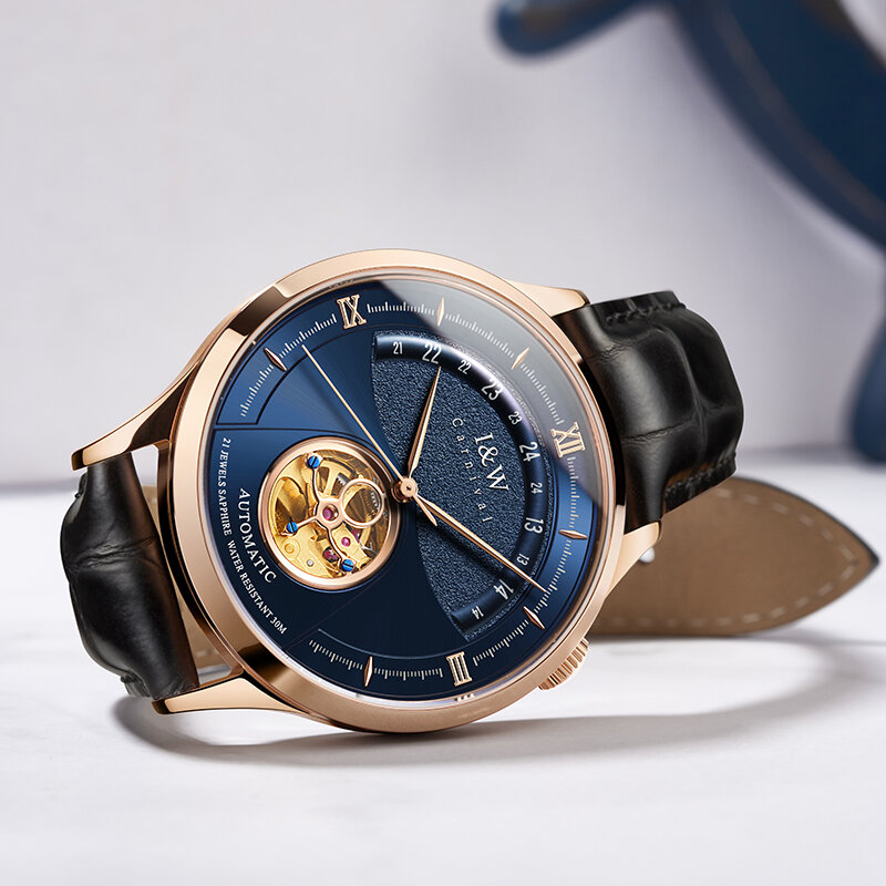 فاخر الأزرق توربيون ساعة ميكانيكية الرجال I & W ميوتا ساعة أوتوماتيكية الياقوت الزجاج مقاوم للماء إيطاليا حلقة من جلد Reloj hombre