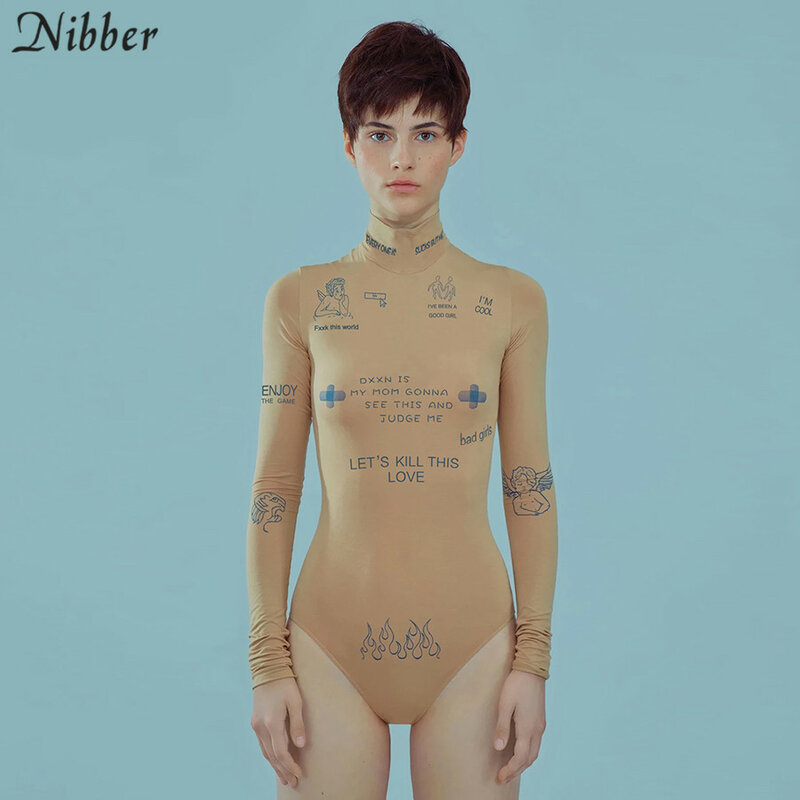 Nibber Autumn High Street Casual Turtleneck Long Sleeve Bodysuits For Women 2020 Basic Fashionable Y2K Skinny Bodysuit Female