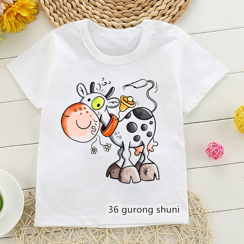 소년을위한 t-셔츠 재미 있은 암소 동물 만화 인쇄 어린이 옷 여름 캐주얼 유아 아기 t 셔츠 귀여운 소년 옷 흰색 탑스