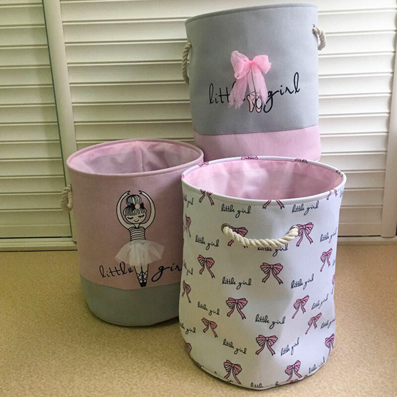 Kids Pink Laundry Basket Organizer Cotton Linen Ballet Girl Bow Print Toys Storage Basket Home Organization For Dirty Clothes