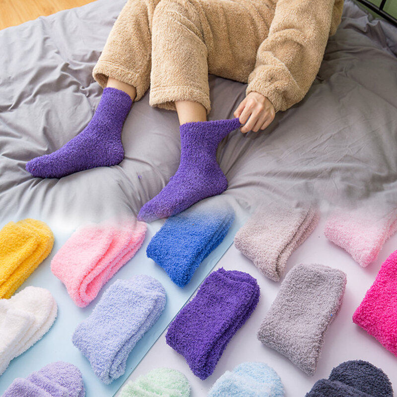 Winter Warm Candy Color Socks Women Sock Cute Soft Elastic Coral Velvet Indoor Floor Towel Socks Breathable Sock New Year Gift