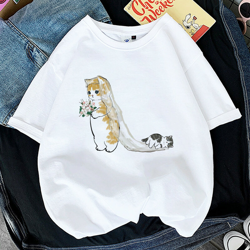 Kawaii kotka damska drukuje śmieszny T-shirt dziewczynka zwierzę Y2K moda koszule z nadrukiem koszulka z lat 90. Czarne białe ubrania, Drop Ship