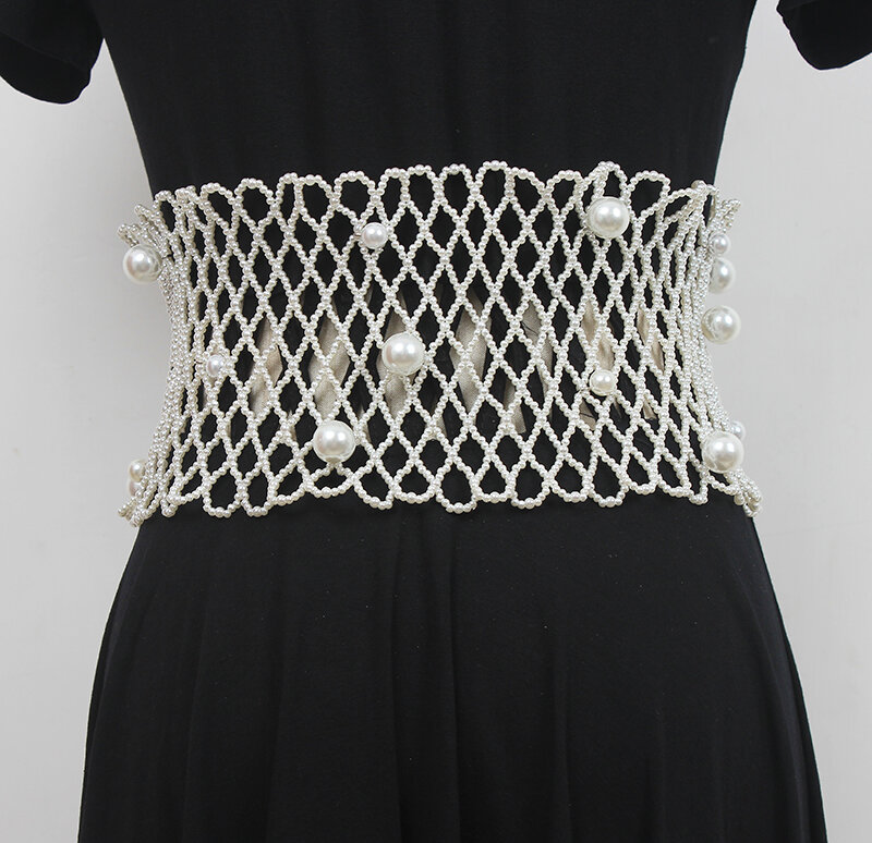 Moda pista da donna perla lavorata a maglia Cummerbunds vestito femminile corsetti cintura cinture decorazione cintura larga R330