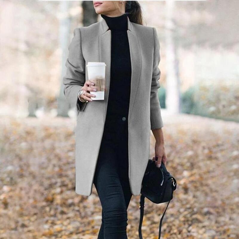 Dropshipping Fashion Women Winter Solid Long Sleeve Jacket Stand-up Collar Faux Wool Coat