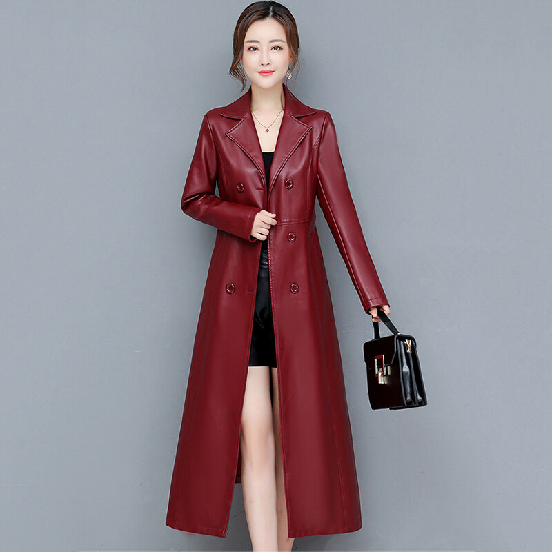 M-7XL Baru Perempuan Mantel kulit domba Musim semi Musim gugur 2024 Mode Berdada Ganda Jaket Panjang Mantel Kulit Domba Pakaian Luar Suede