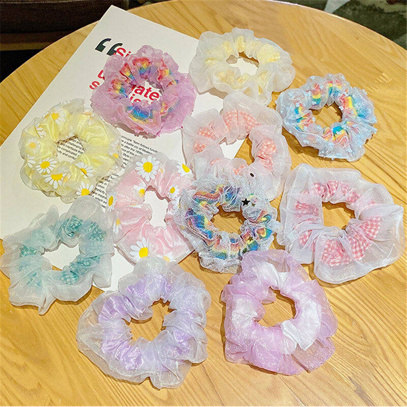 New children's rainbow daisy ins mesh double hair ring color intestino crasso ring girl hair rope head rope