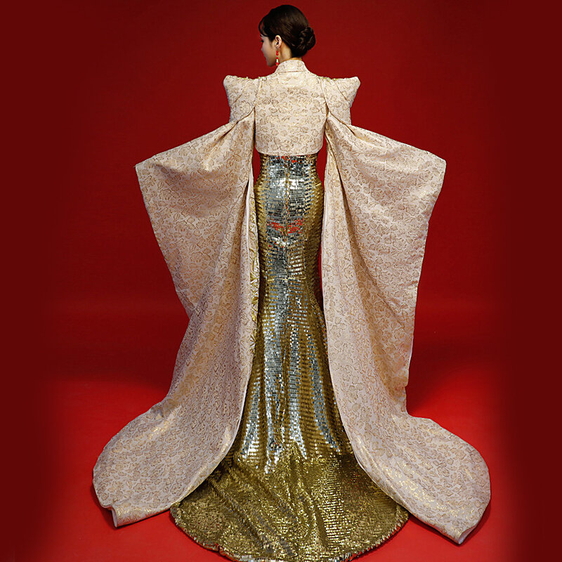 2ชิ้นทองดูไบซาอุดีอาระเบียอาหรับชุด Mermaid ชุดราตรีผ้าคลุมไหล่ Robe ยาวหรูหราชุดคลอดบุตรชุด Abendkleider