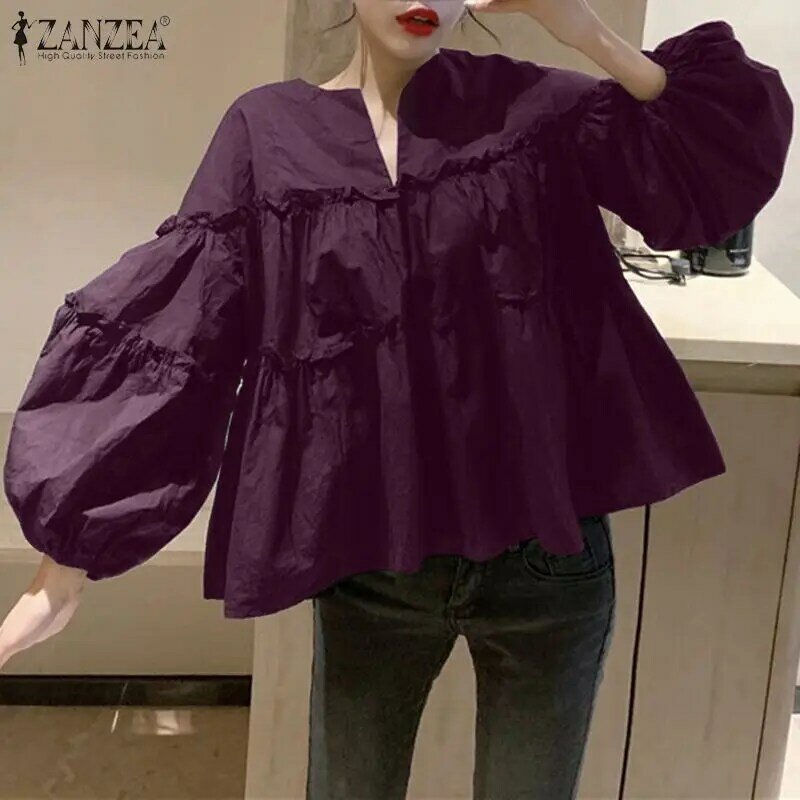 ZANZEA stylowa długi rękaw bufka koreański bluzka 2023 wiosna kobiety koszulka Solid Femininas Ruffles strona pracy Blusas Mujer topy