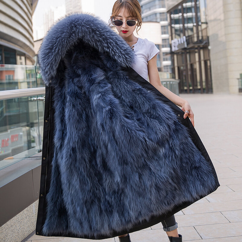 Waterproof Parka Winter Fur Jacket Women Real Fur Coat Natural Raccoon Fur Lined Overcoat X-Long Outerwear Fashion Streetwear