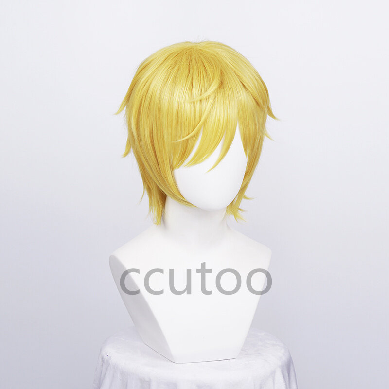 Peluca de Anime de una pieza para Cosplay, pelo sintético corto y liso, dorado, resistente al calor, incluye gorro