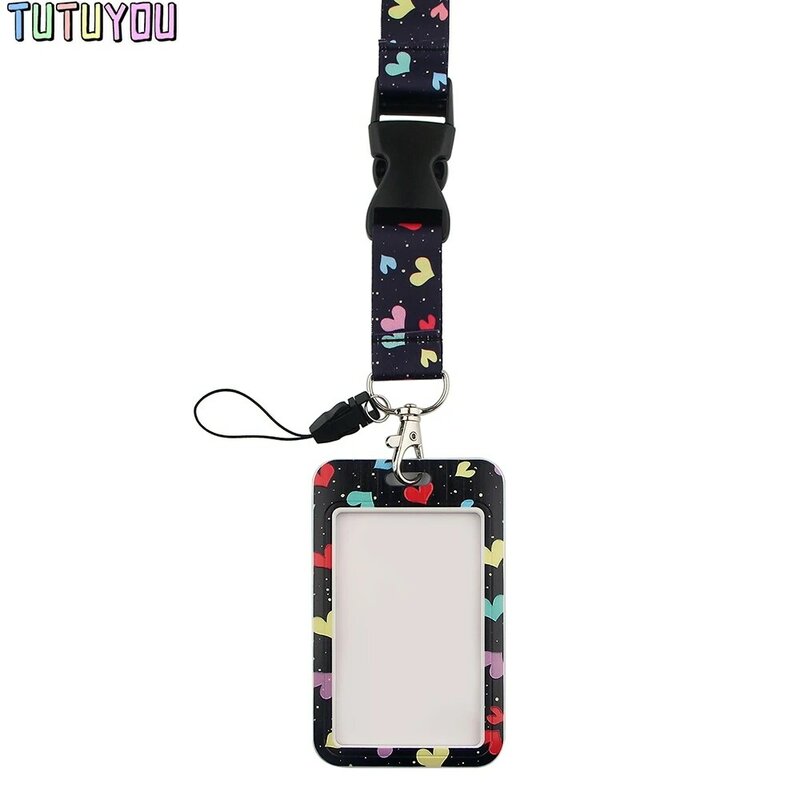 1pc PC2622 Colorful Hearts Lanyard Credit Card ID Holder Bag Student Women Travel Bank Bus Business Card Cover Badge