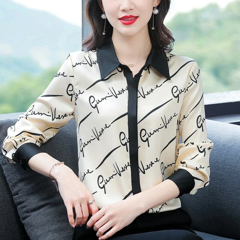 Blusas femininas cetim camisa estampa seda manga comprida plus size
