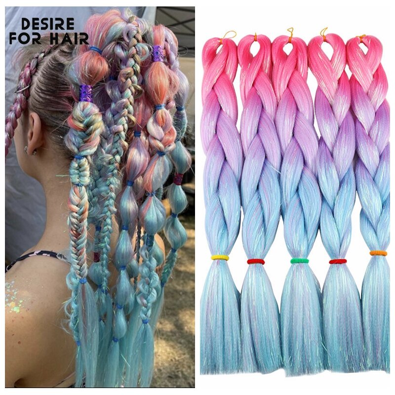 Desire for Hair extensiones de cabello sintético trenzado, colores navideños, mezcla de oropel, purpurina, verde, trenzas Jumbo, 5 paquetes