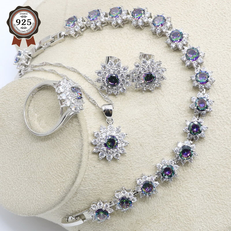 Multicolor 925 srebrne zestawy biżuterii dla kobiet naszyjnik wisiorek obrączka bransoletki pudełko