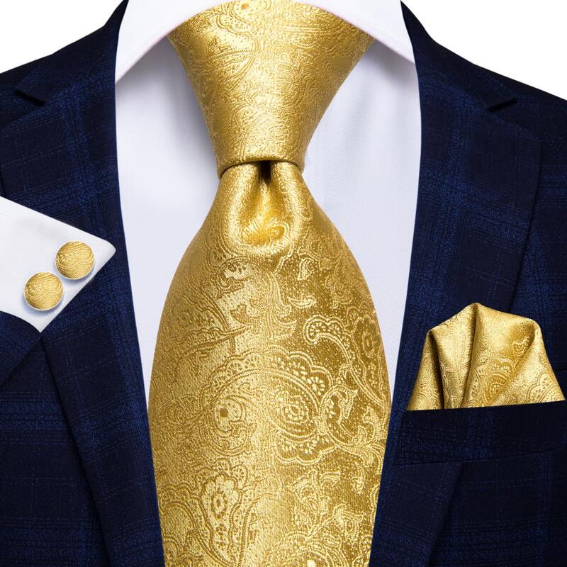 Hi-Tie Silk Men Tie Set Floral Yellow Gold Ties and Handkerchiefs Cufflinks Set Men's Wedding Party Suit Fashion Neck Tie C-3053