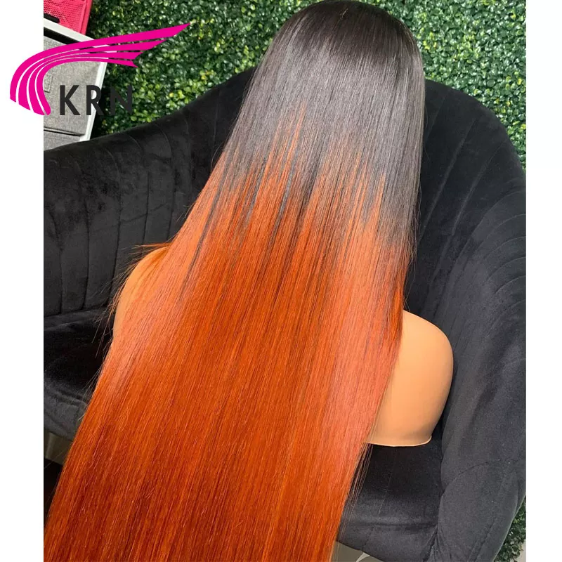 KRN włosy 1B imbir kolor koronki przodu włosów ludzkich peruki z dziecięcymi włosami wstępnie oskubane 26 cali prosto dla kobiet brazylijski Remy włosy KR